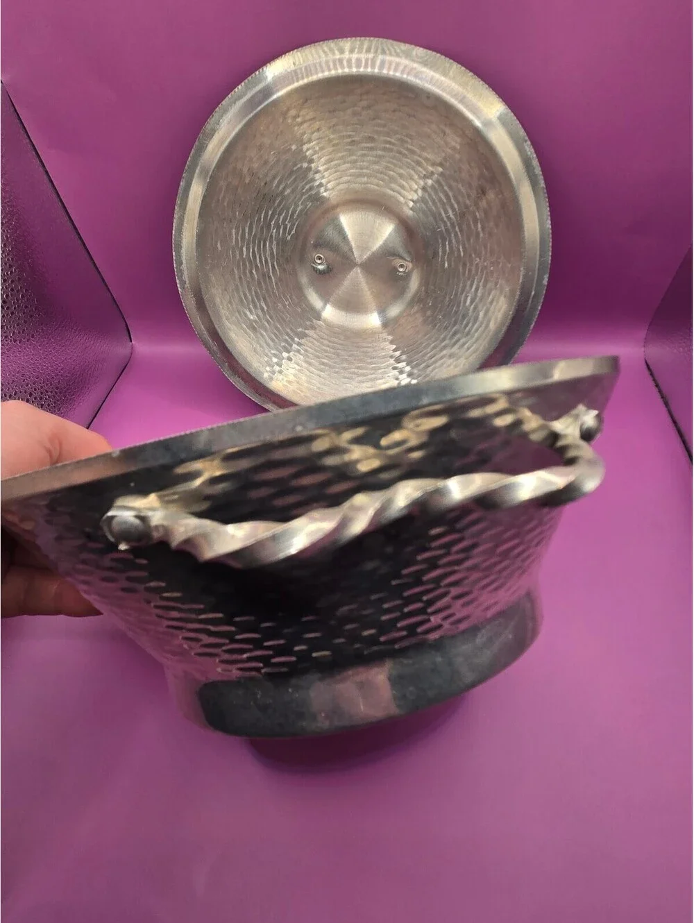 Vintage Mid-Century Masco Italy Hammered Aluminum Bowl with Lid,Twisted Handles